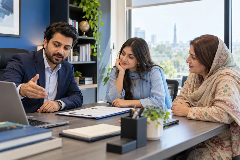 A student and parent discussing university applications with an education adviser
