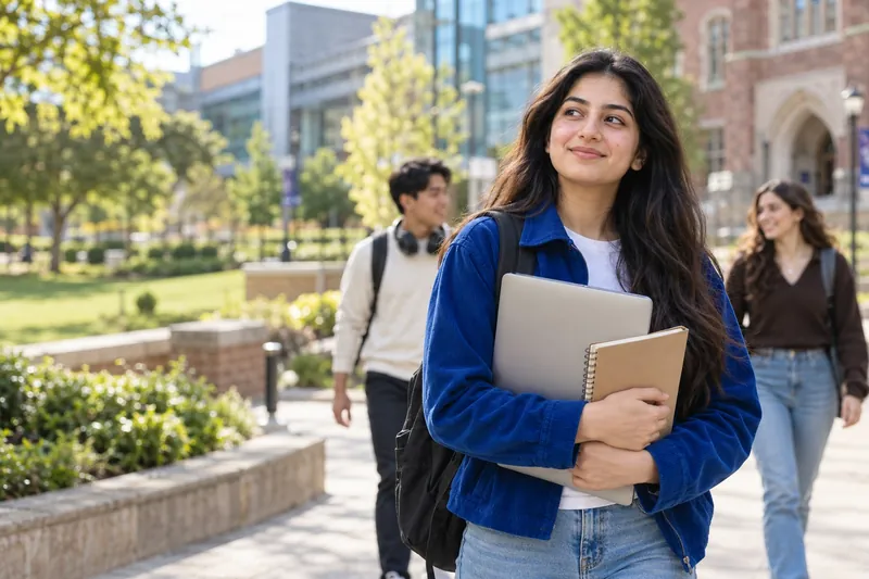 A Pakistani student with fellow students on an international university campus