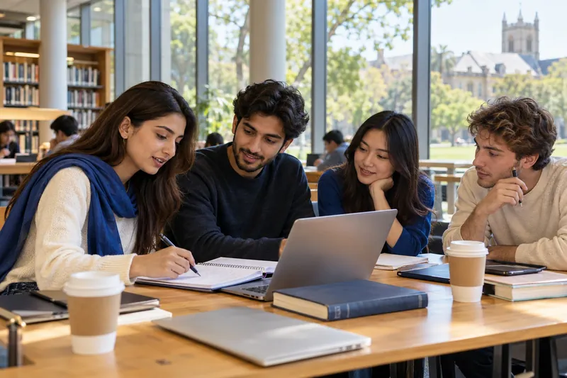 International university students collaborating with a laptop and notebooks in a library